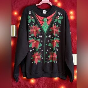 Christmas Mens Gilden  Black Sweatshirt XXL W Tie & Poinsettias New Without Tags